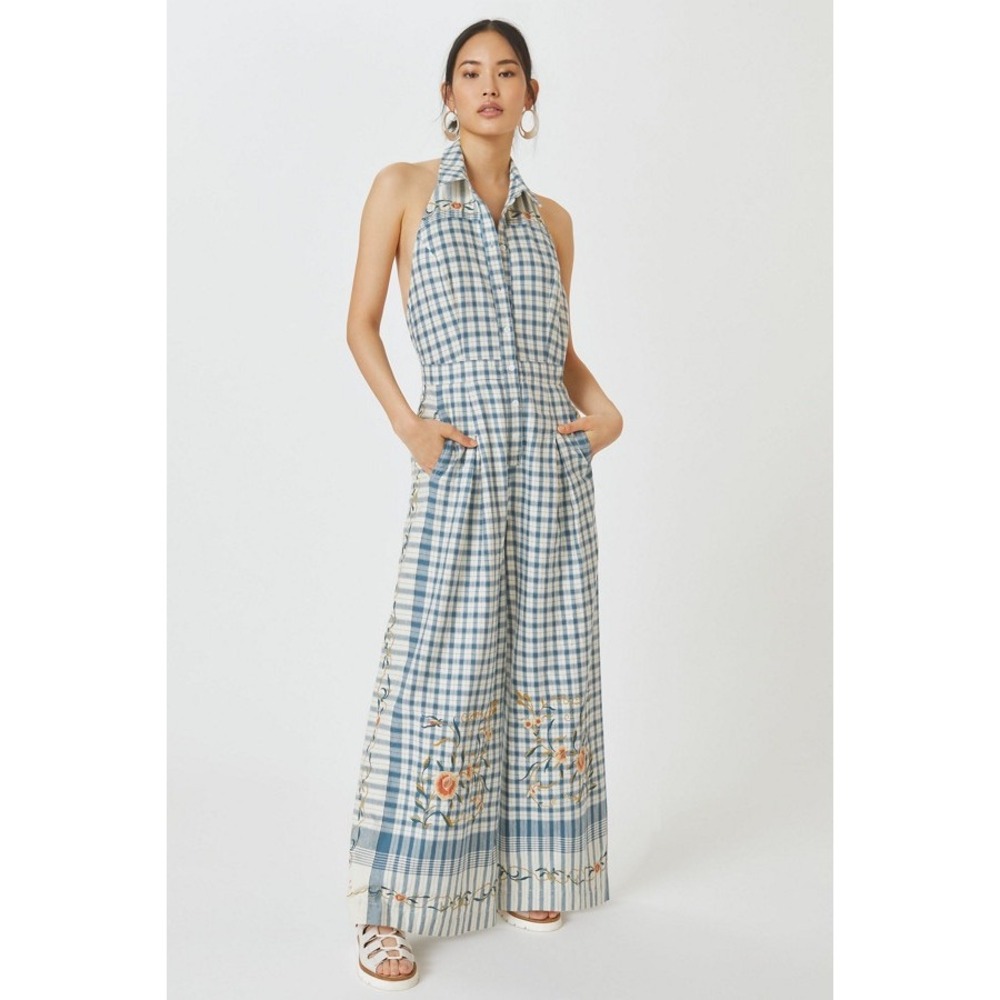 Anthropologie Picnic Wide Leg Jumpsuit Blue White Plaid Floral Embroidered 6